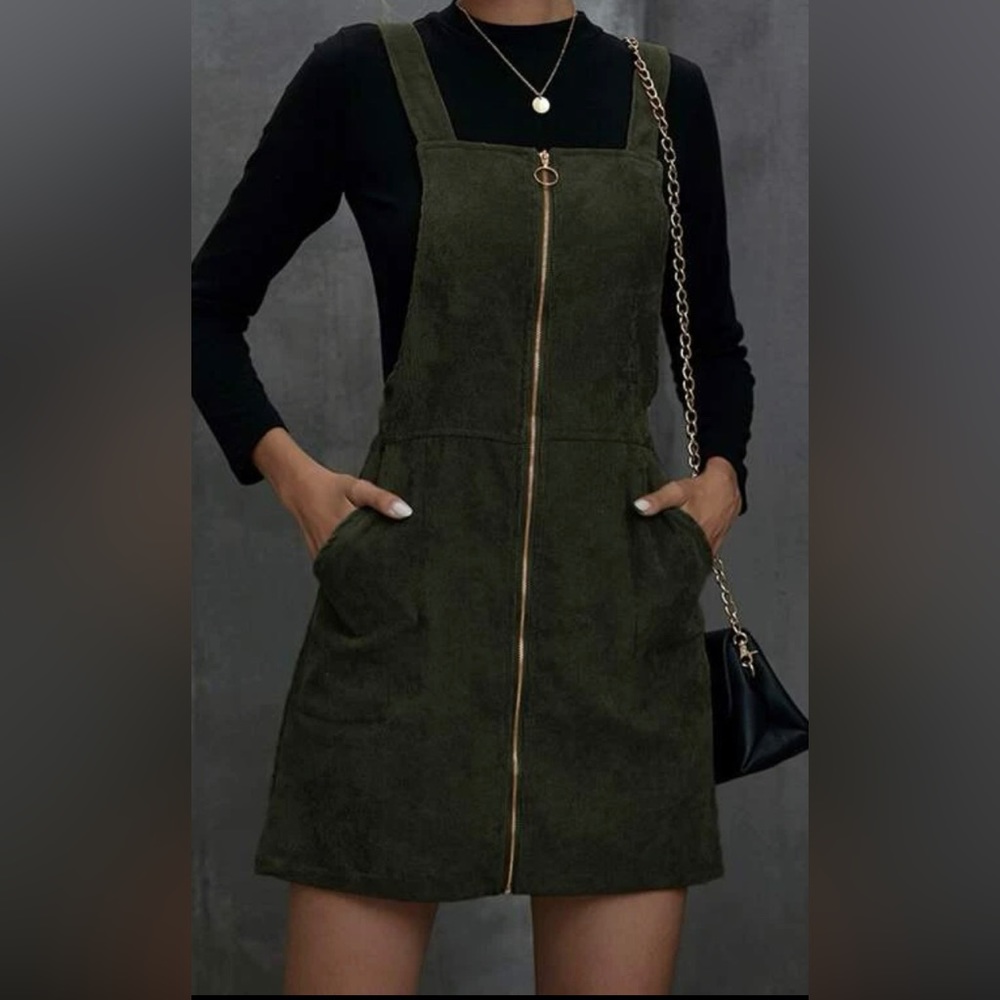 Army Green corduroy zip up overall dress